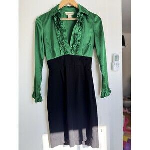 Chadwick's Vintage Dress Women 4 Green Satin Black Cocktail Party 90s Y2K Ruffle